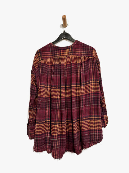 Free People Come On Over Oversized Plaid Shirt in Wine - XS