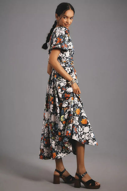 Anthropologie Black Floral Puff Sleeve Midi Dress - Small
