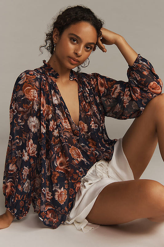 Anthropologie Navy and Red Floral Long Sleeve Blouse - Small