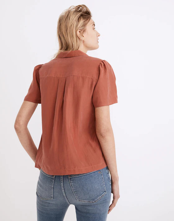 Madewell Silk Puff-Sleeve Camp Shirt in Weathered Brick - XXS