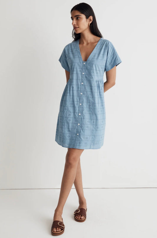 Madewell Button-Front V-Neck Mini Dress in Tranquil Lake - Large