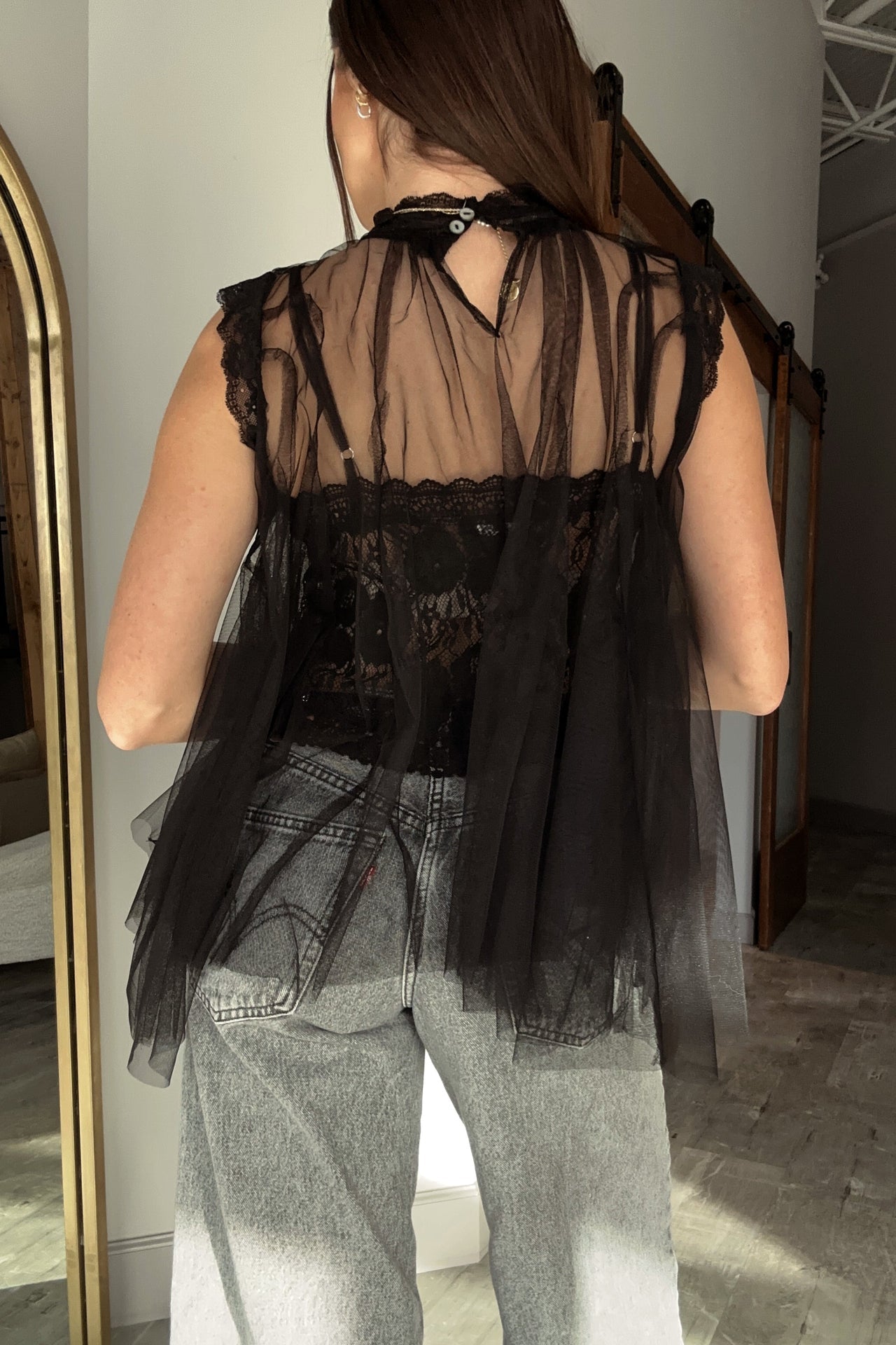 Millibon Black Tulle and Lace Top - Small