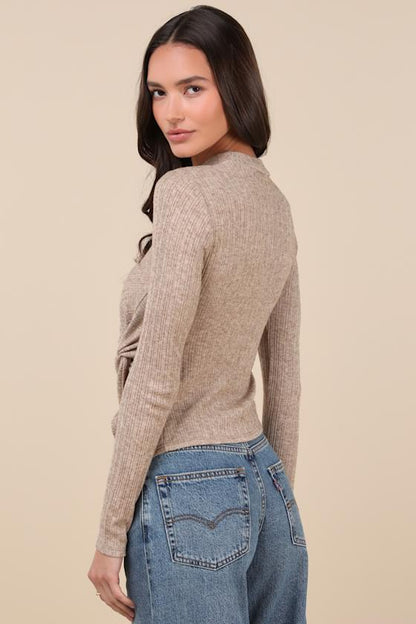 Lulus Trendy Minimalist Heathered Tan Ribbed Knotted Top - Small