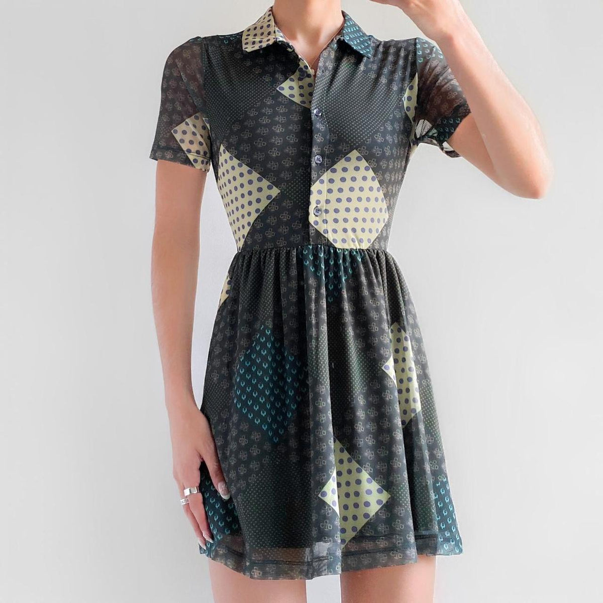 Urban Outfitters Mesh Green Printed Short Sleeve Dress - Small