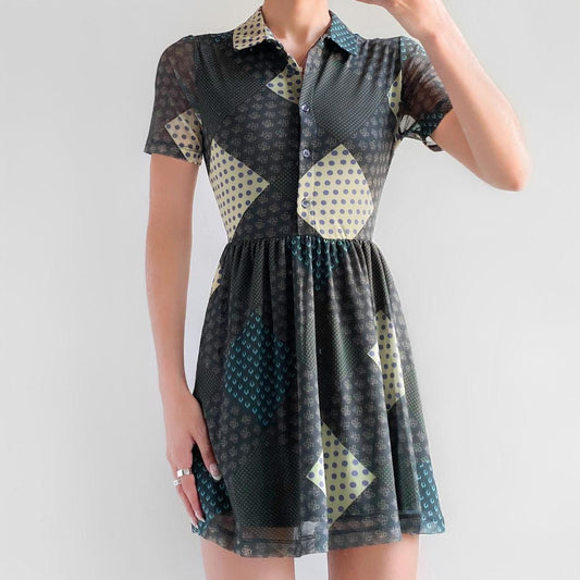 Urban Outfitters Mesh Green Printed Short Sleeve Dress - Small