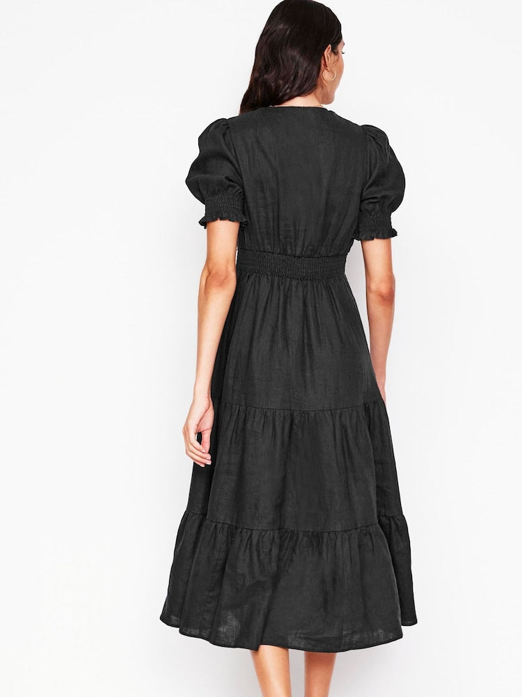 Boden Anna Linen Tiered Midi Dress in Black - 10