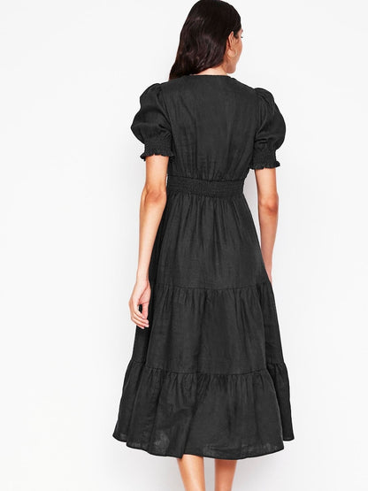 Boden Anna Linen Tiered Midi Dress in Black - 10