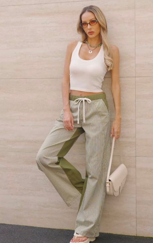 Peihot Green Stripe Wide Leg Pants - Medium