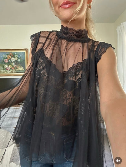 Millibon Black Tulle and Lace Top - Small