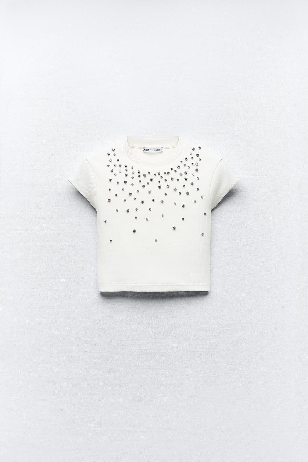 Zara NWT White Rhinestone Ribbed Crop Top - Medium