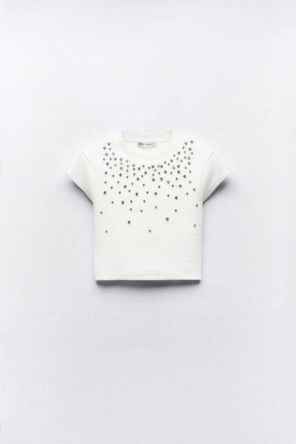 Zara NWT White Rhinestone Ribbed Crop Top - Medium