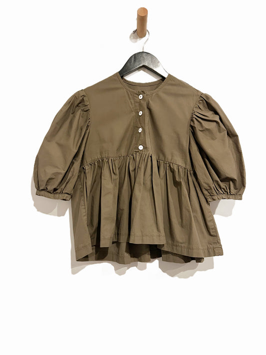 Brown Button Front Puff Sleeve Blouse