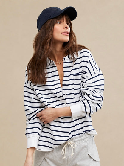 Aerie Take It Easy Popover Polo Sweatshirt in White & Navy - Medium