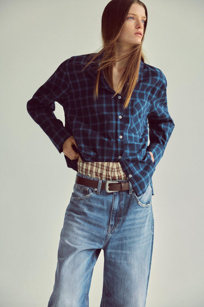 Zara Blue Plaid Check Poplin Shirt - Large
