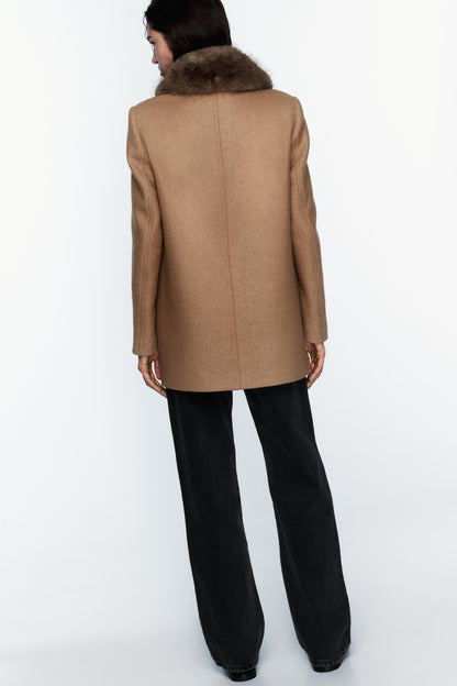 Zara Tan Coat with Faux Fur Collar - Small