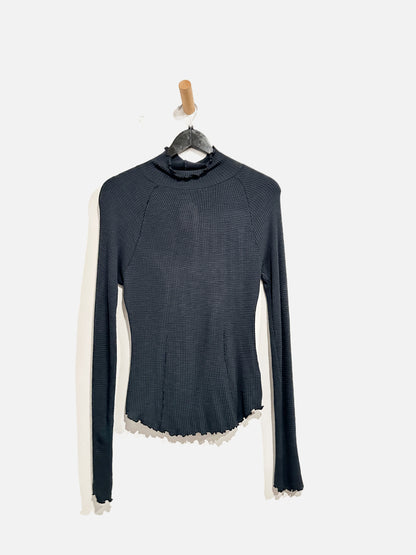 Free People Black Waffle Knit LS Mock Neck Top - Medium