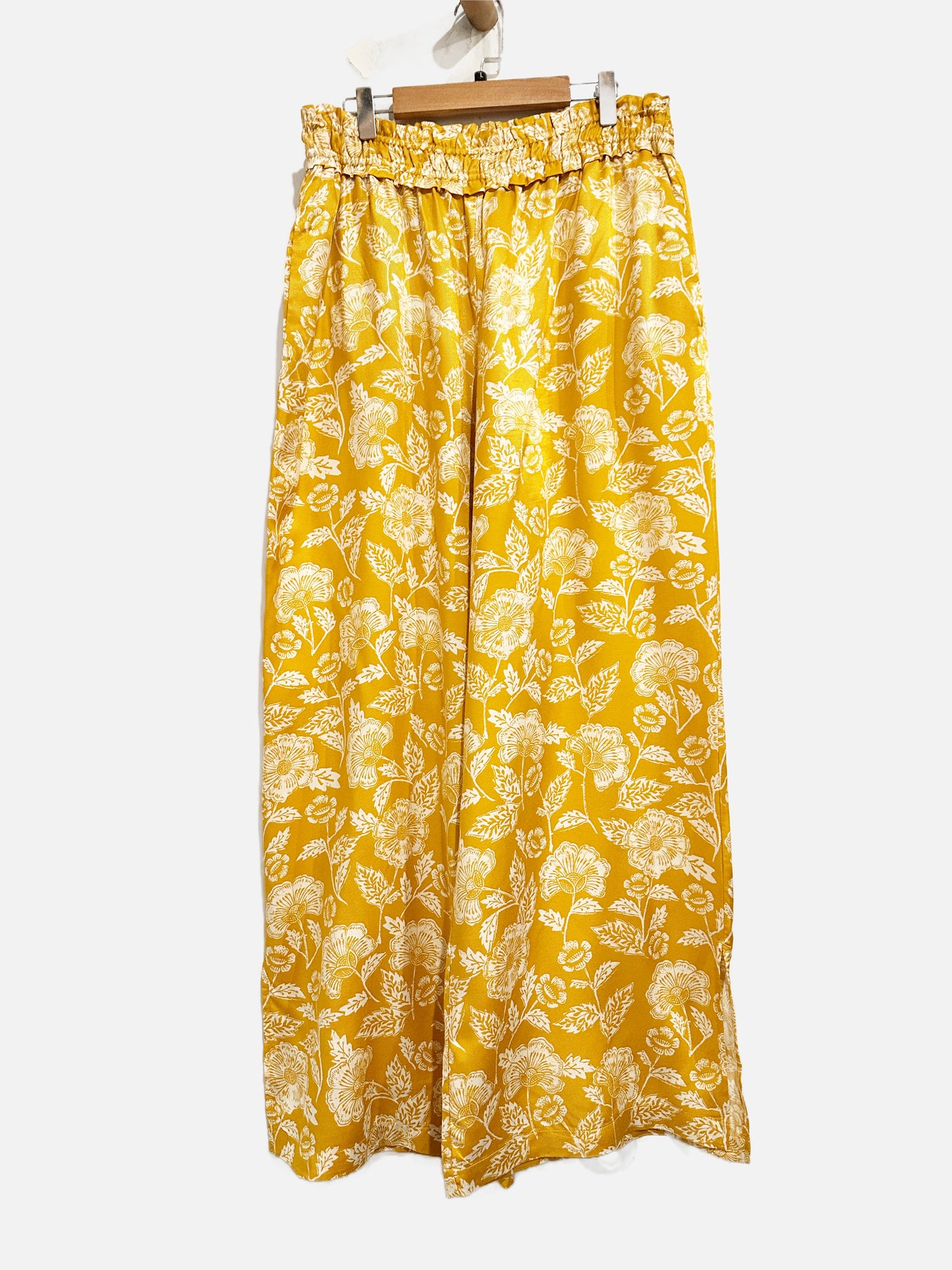 Anthropologie Yellow Floral Wide Leg Pants - Large