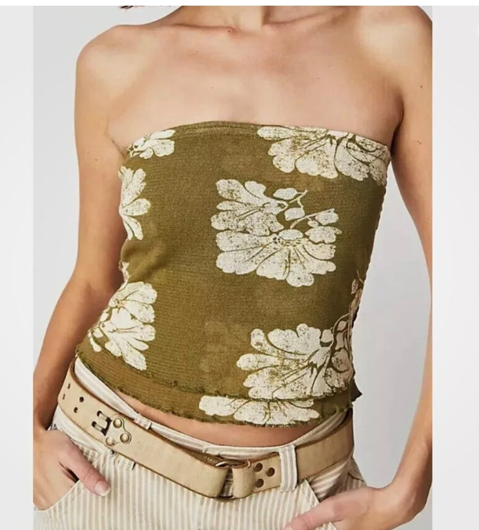 Free People Poppy Green Mesh Floral Tube Top - Large