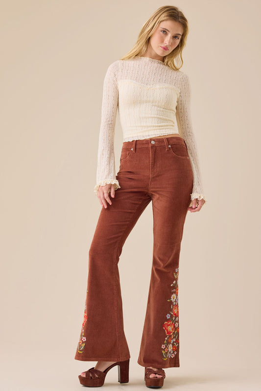 NWT Altar’d State Emmaline Embroidered Corduroy Flare Pants in Rust - 25