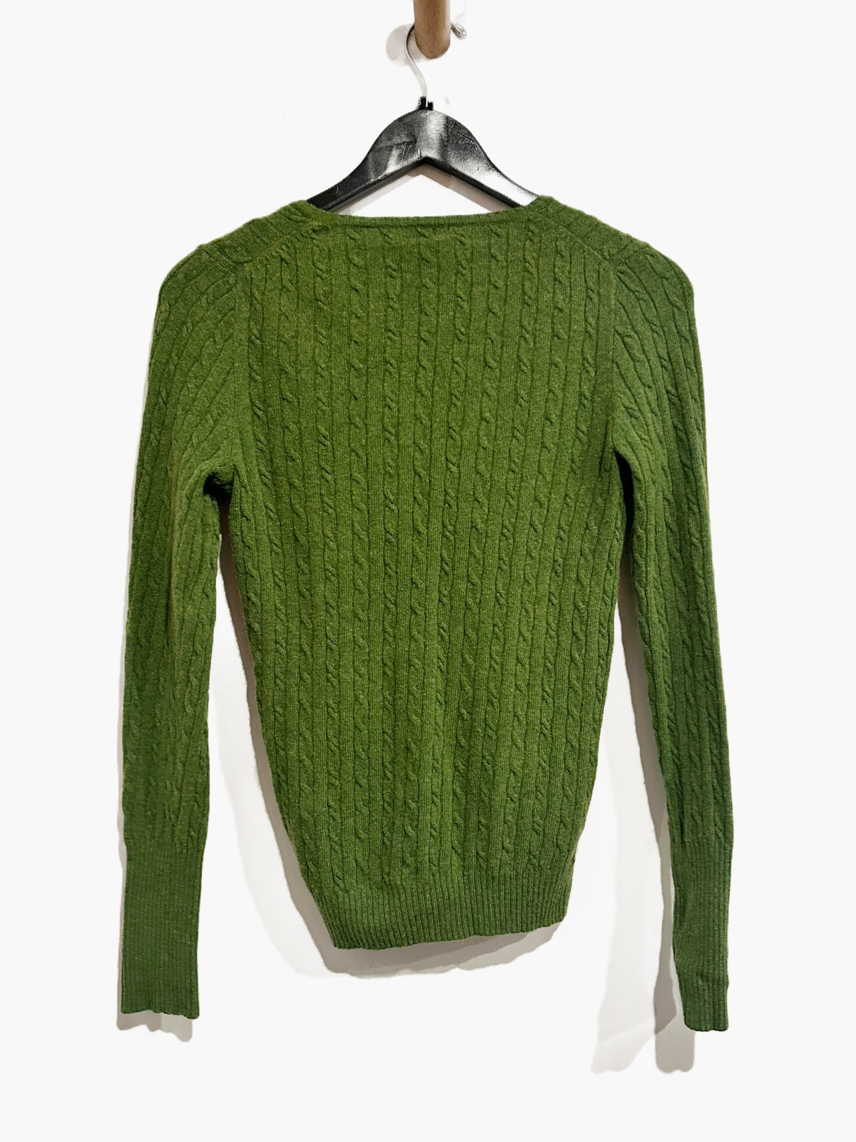 J.Crew Green Wool-Cashmere Blend V-Neck Cable Knit Sweater - Small