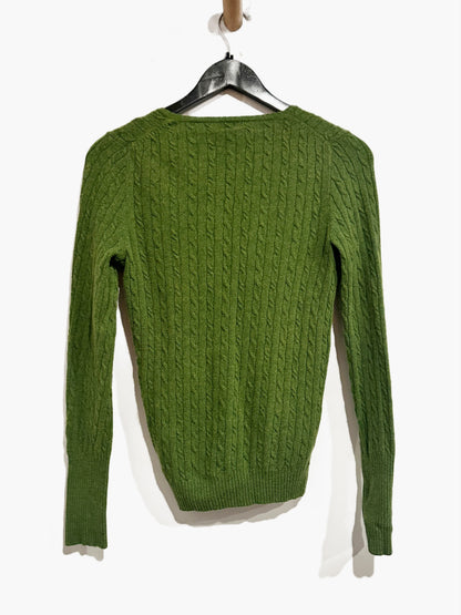 J.Crew Green Wool-Cashmere Blend V-Neck Cable Knit Sweater - Small