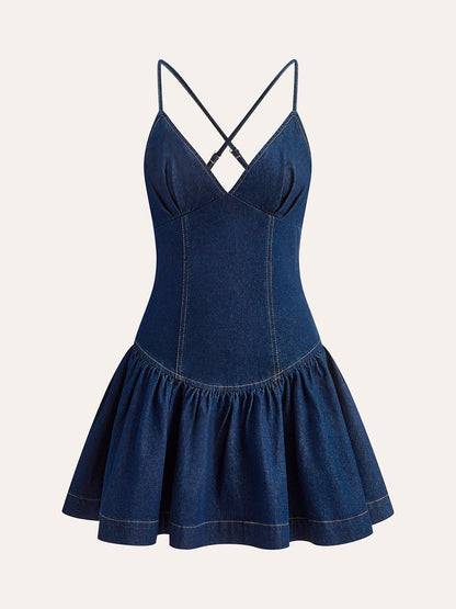 Commense Cross-Back Denim Flared Dress - Small