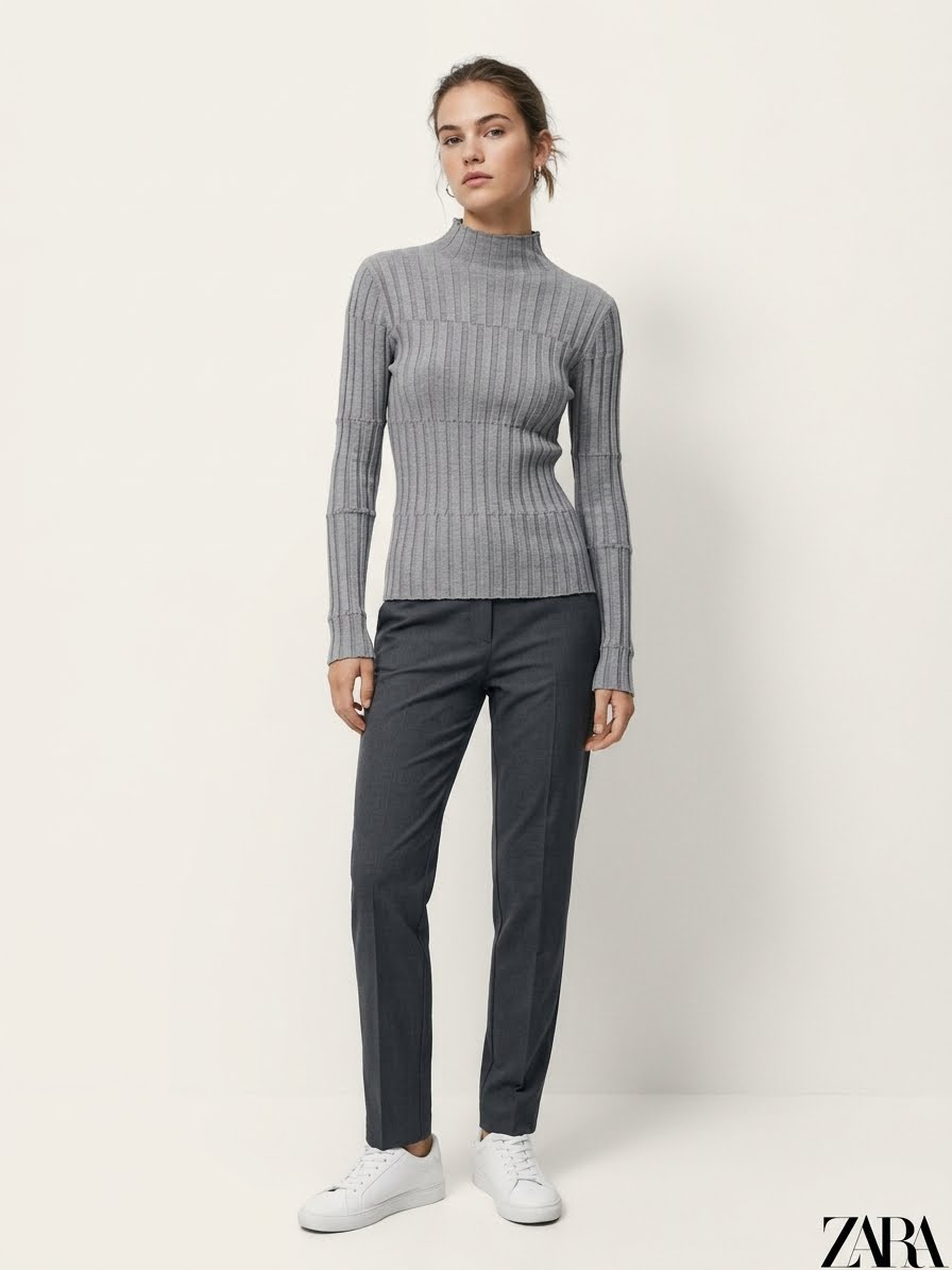 Zara Gray Ribbed Mock Neck Sweater - Medium