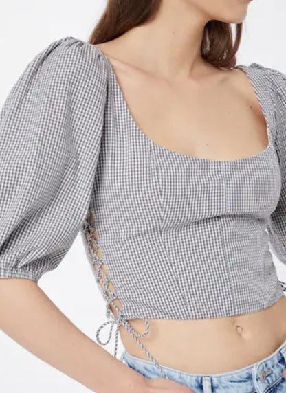 Abercrombie & Fitch Blue Gingham Puff Sleeve Blouse - Large