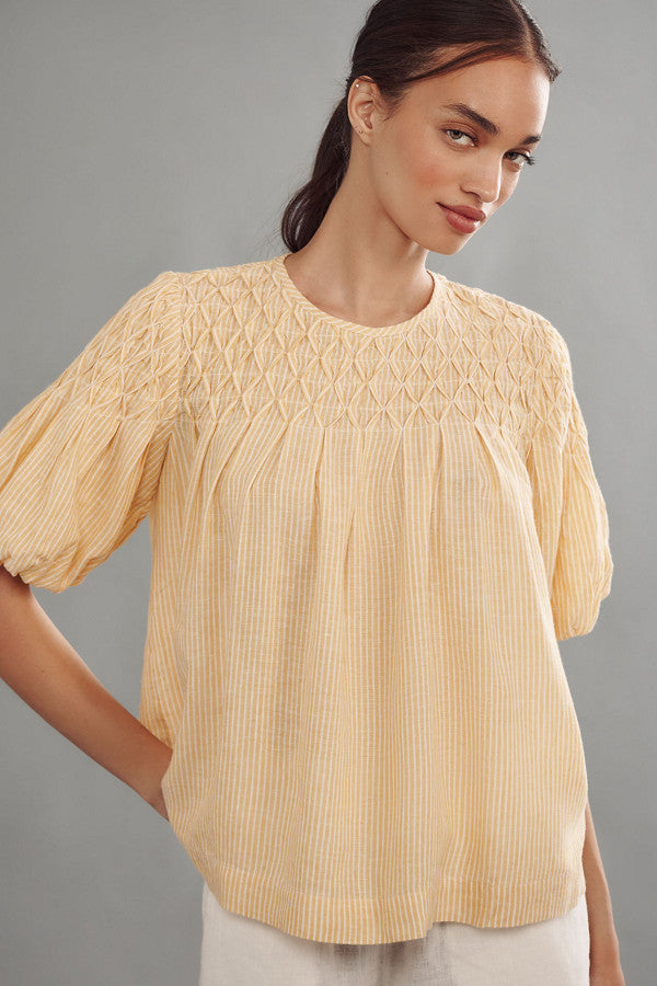 Anthropologie The Liza Puff-Sleeve Smocked Linen Top in Yellow - Medium