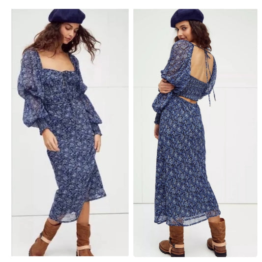 Free People Aglow Blue Floral Midi Dress - Small