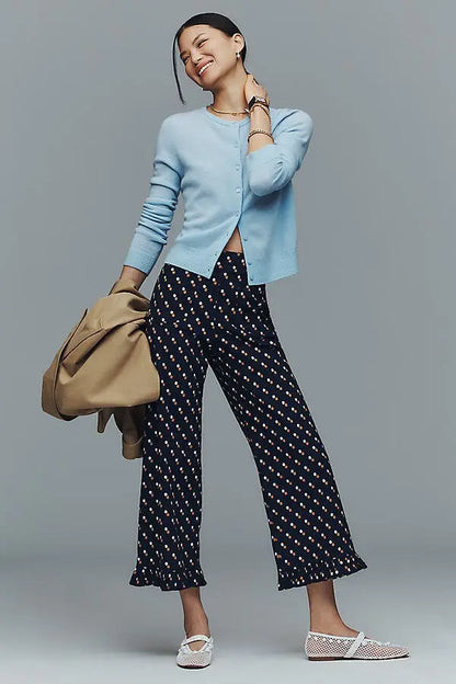 NWT Anthropologie Maeve Colette Cropped High Rise Wide Leg Trousers in Blue Dot - 32T