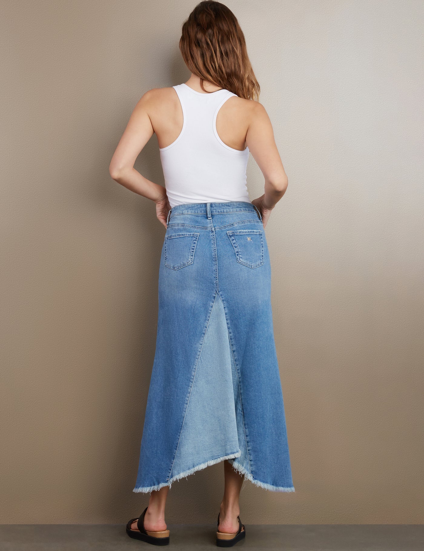 Wash Lab Selma Pieced Denim Maxi Skirt in Two Tone Sky - 26