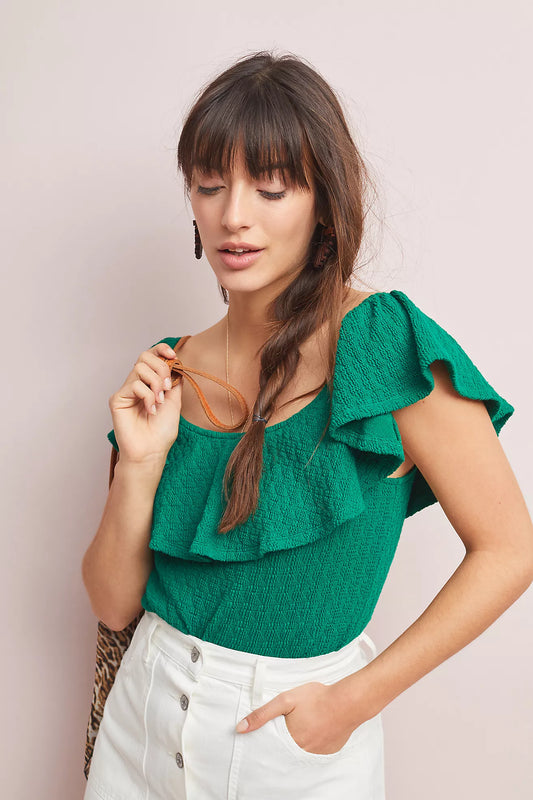 Anthropologie Green Ruffle Tank - XS