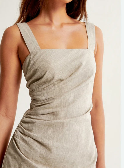 Abercrombie & Fitch Linen Blend Ruched Square-neck Mini Dress - Small