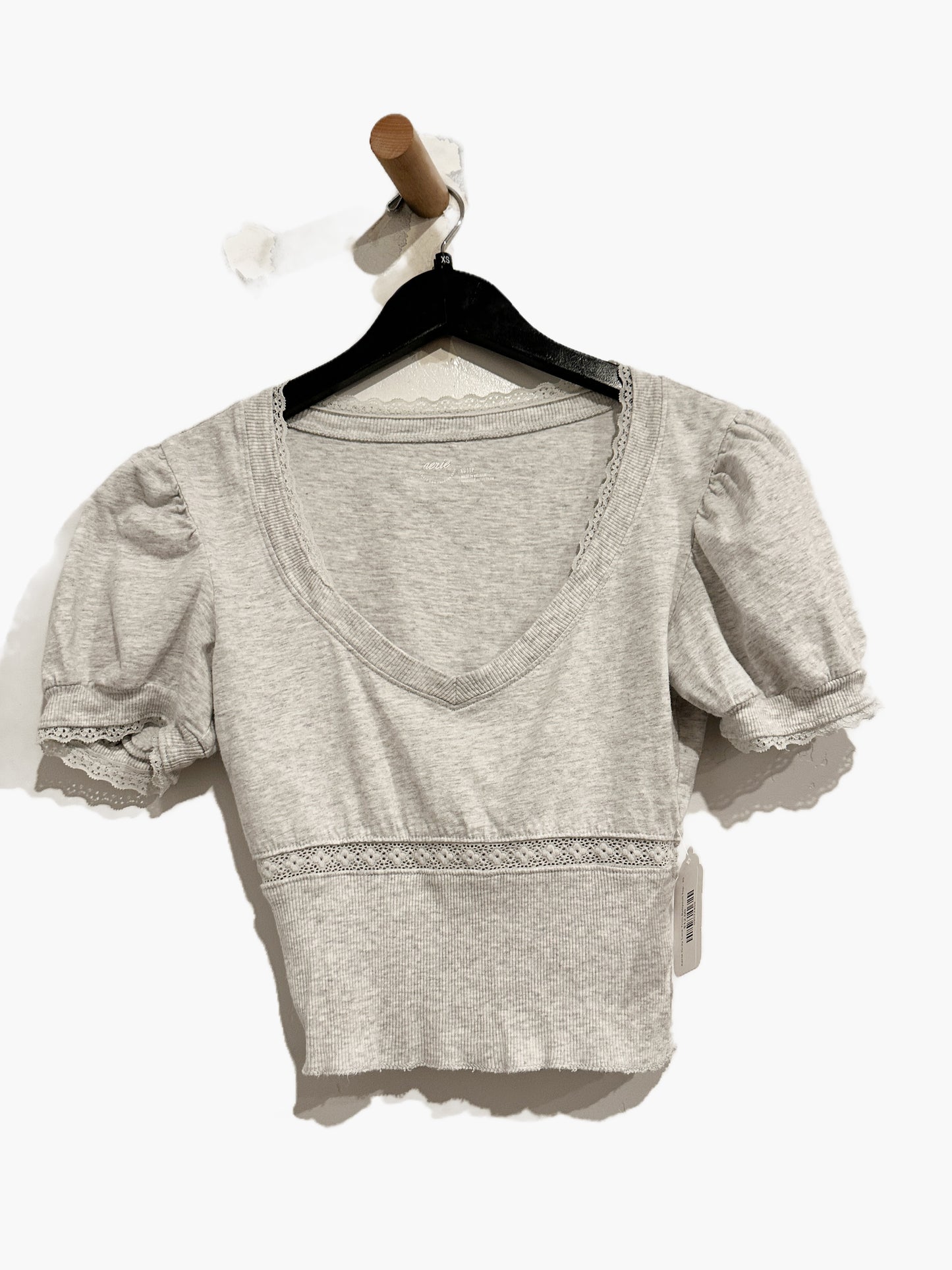 Aerie Gray Lace Trim V-Neck Top - XS