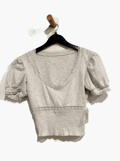 Aerie Gray Lace Trim V-Neck Top - XS
