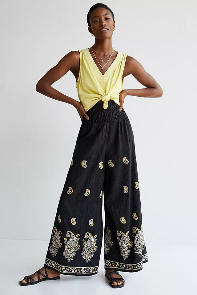 Anthropologie Black Smocked Wide Leg Pants - Medium