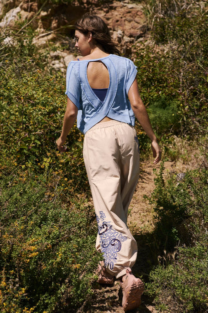 Free People Movement Tan w/Blue Embroidery Pants - Small