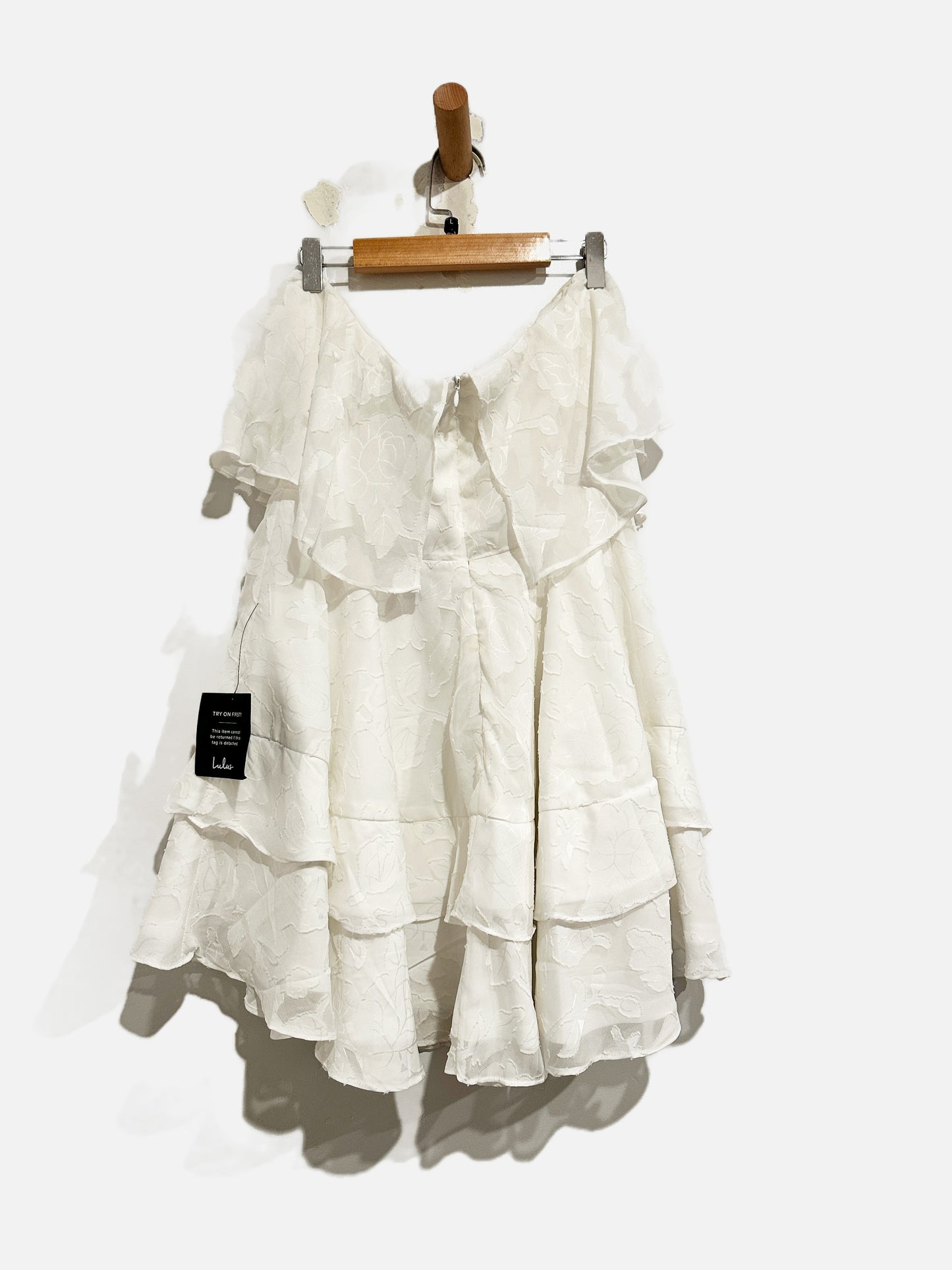 Lulus True Lover White Burnout Floral Ruffled Strapless Mini Dress - Large