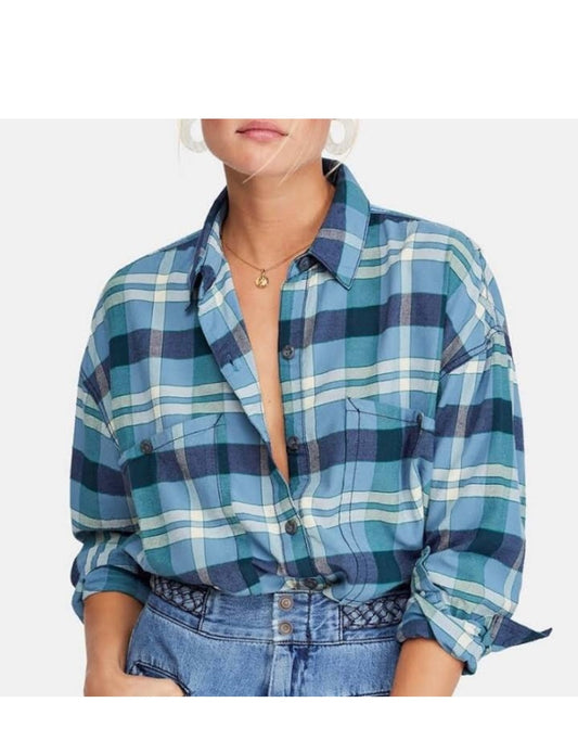 Free People Blue Plaid Button Down - Large