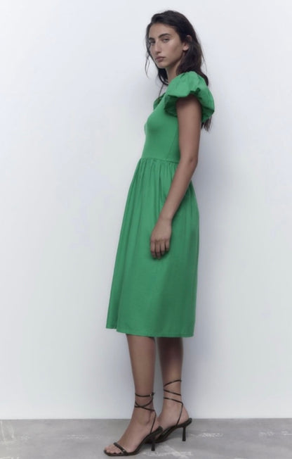 Zara Green Puff Sleeve Midi Dress - Large