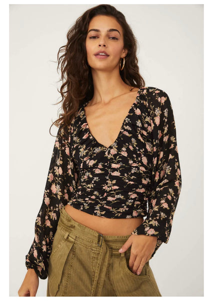 Free People Black Final Last Rose Floral Blouse - Medium