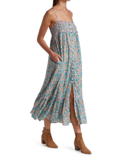 Free People Molly Jo Blue Floral Midi Dress - XS