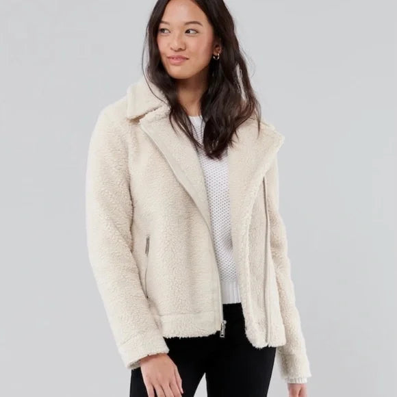Hollister Cream Teddy Moto Jacket - Medium