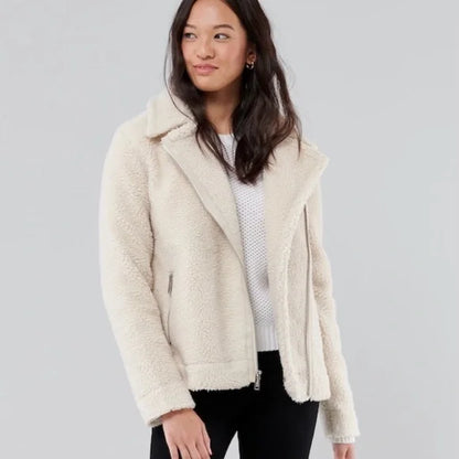 Hollister Cream Teddy Moto Jacket - Medium
