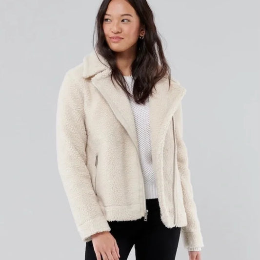 Hollister Cream Teddy Moto Jacket - Medium