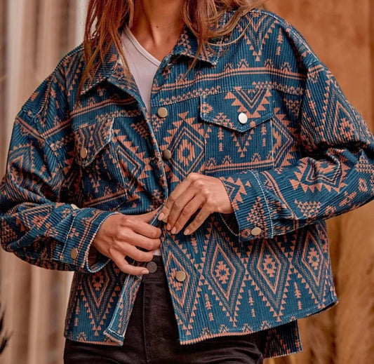 Savanna Jane Teal and Orange Aztec Print Shacket - Medium
