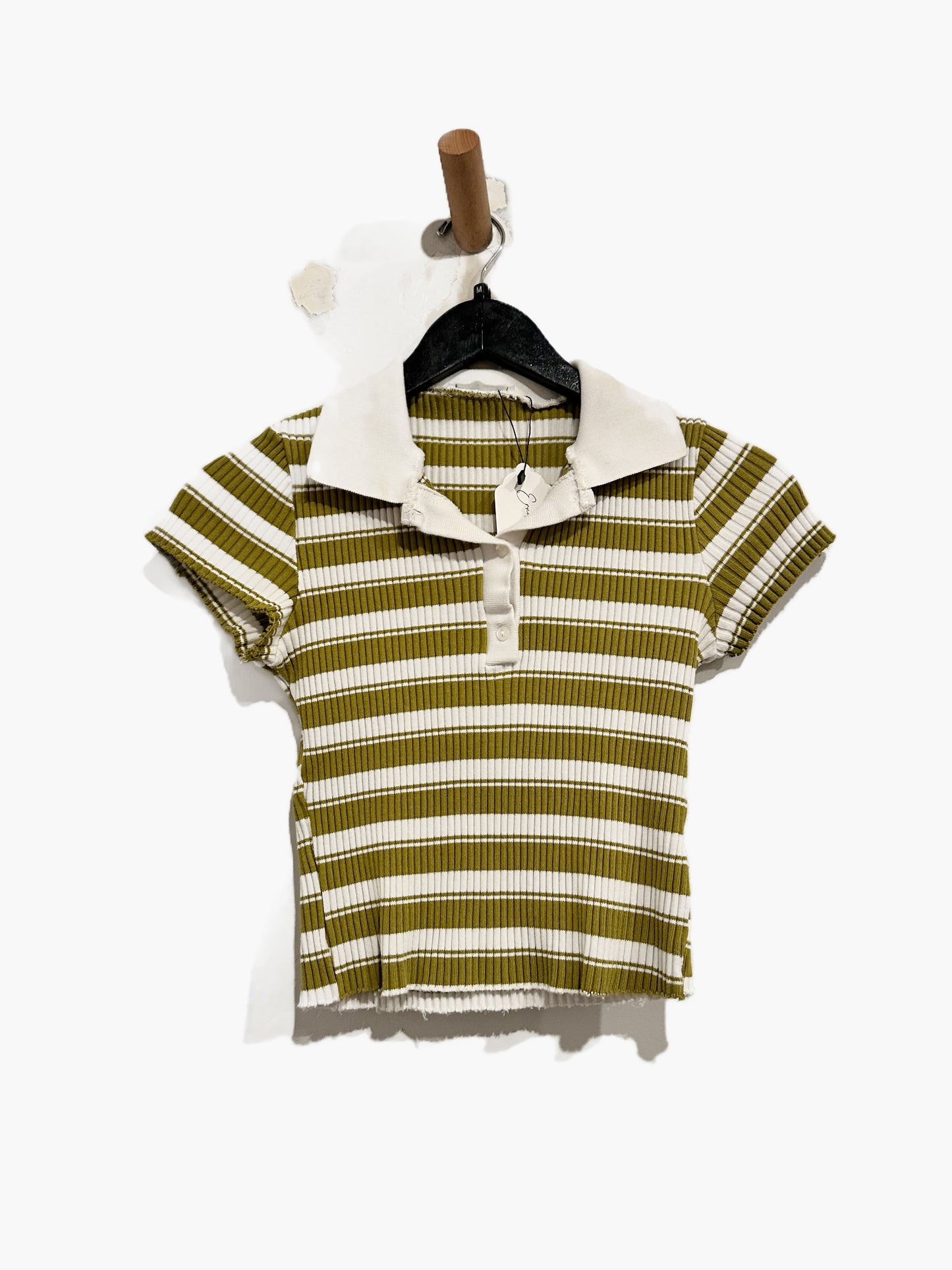 Zara Green Ribbed Stripe Polo Top - Medium
