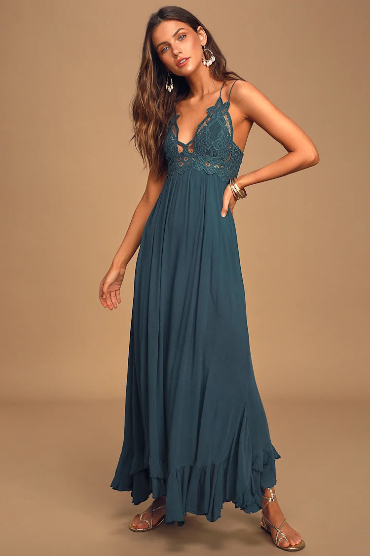 Free People Adella Maxi Slip Dress in Turquoise - Medium