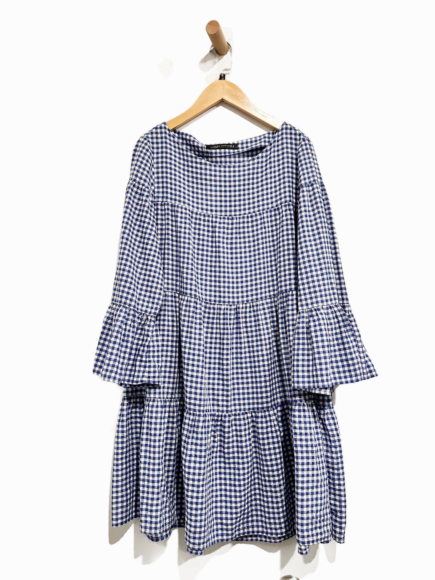 Zara Woman Blue and White Gingham LS Mini Dress - Small